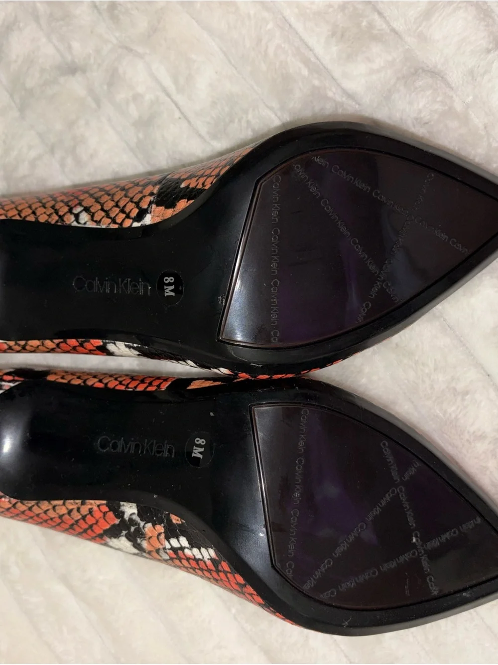Calvin Klein Orange and Black Snake-Print Pointed Toe Pumps 8M